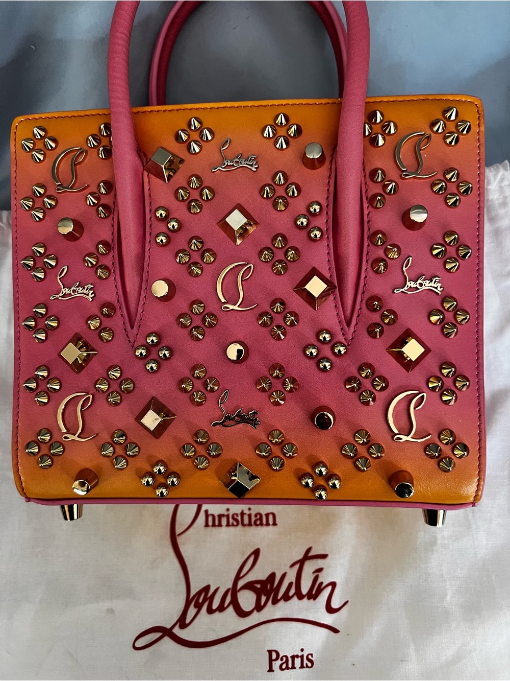 Christian Louboutin Two-Tone Studded Mini Tote in Pink & Orange